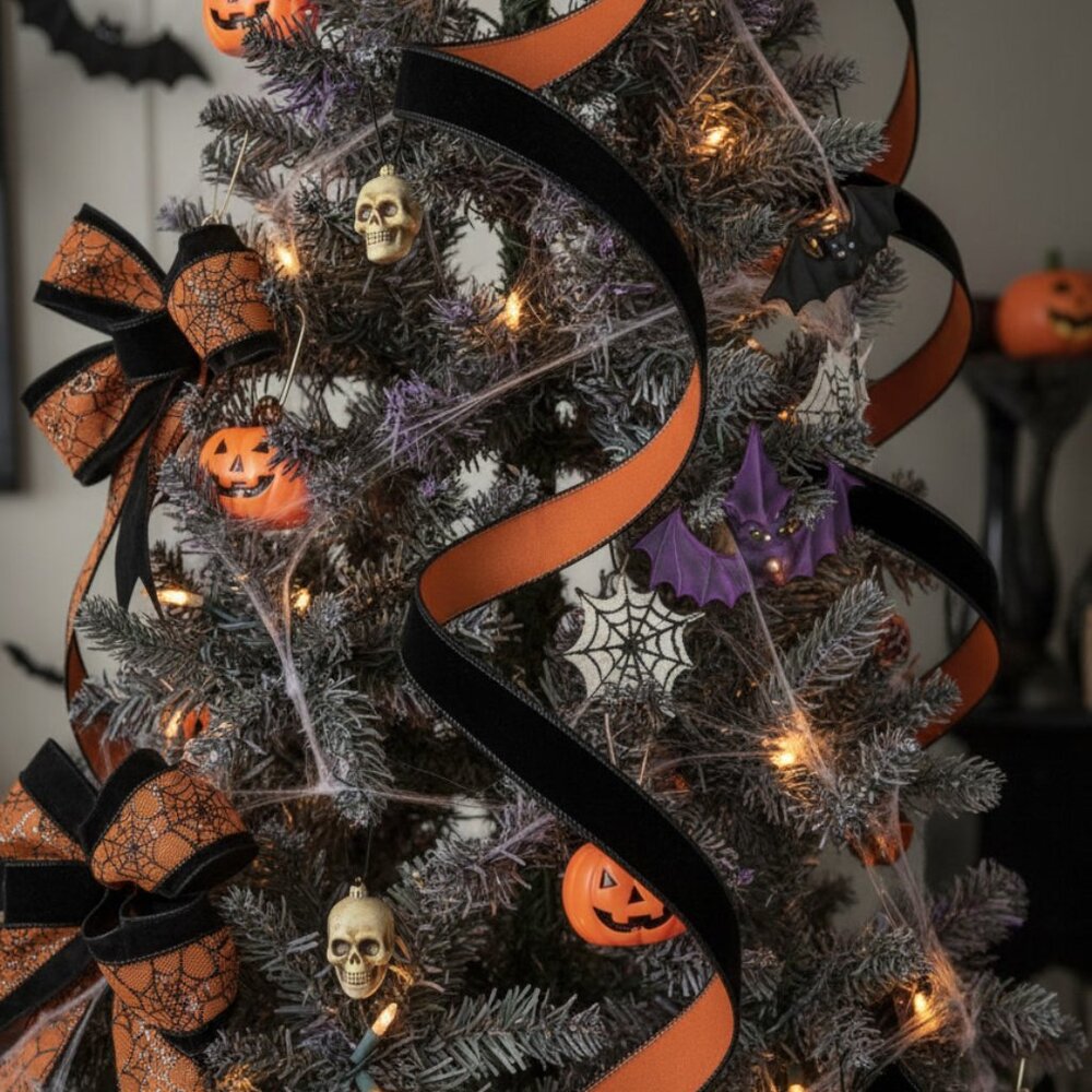 1" x 10 Yds Orange Black Velvet Ribbon Reversible Satin Back Halloween Crafts